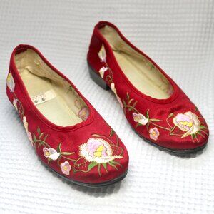 Xingqiu Red Chinese Embroidered Floral Shoes Ballet Flats Slippers 36